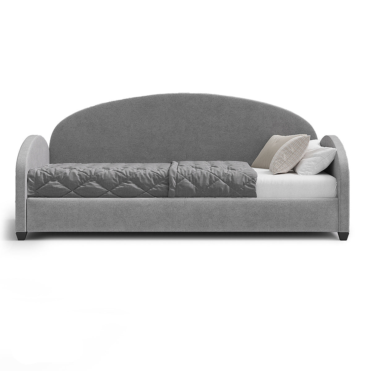 A modern gray upholstered daybed with a curved backrest, shown on a white background with a quilted gray cushion, white mattress, and three neutral throw pillows.