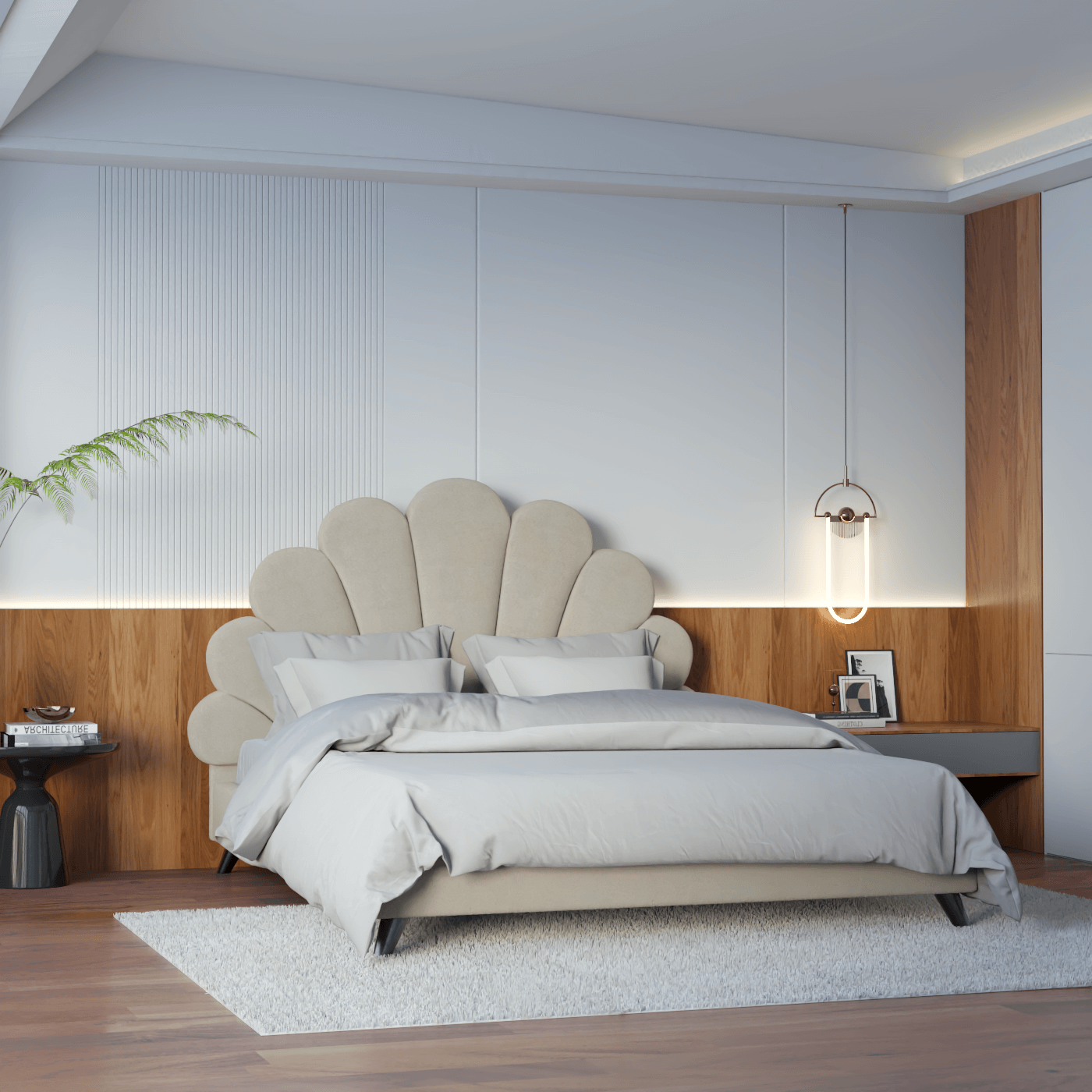 Evelina Curved Headboard Bed in Soft Upholstery