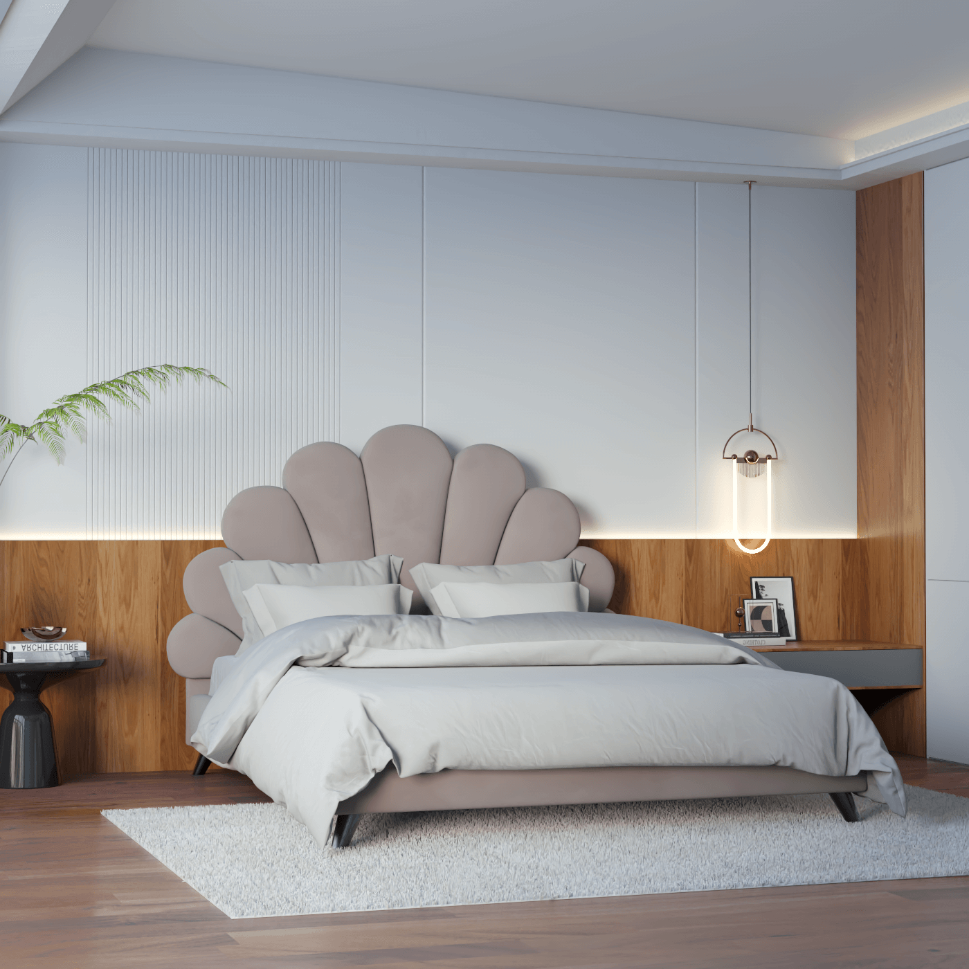 Evelina Curved Headboard Bed in Soft Upholstery