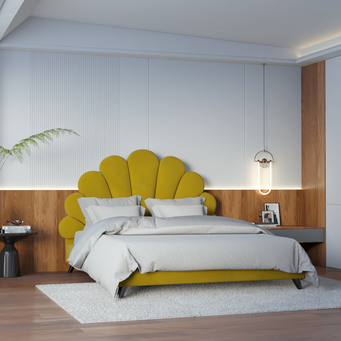 Evelina Curved Headboard Bed in Soft Upholstery