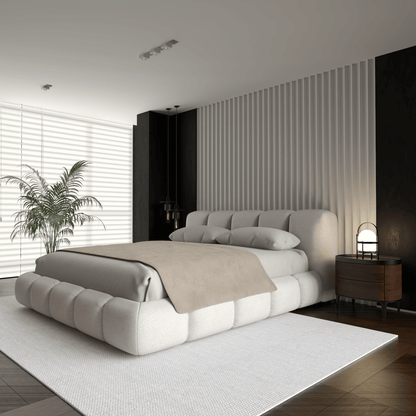 Fluffy Upholstered Bed Frame in Textured Bouclé