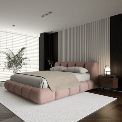 Fluffy Upholstered Bed Frame in Textured Bouclé