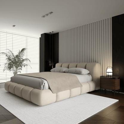 Fluffy Upholstered Bed Frame in Textured Bouclé