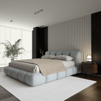 Fluffy Upholstered Bed Frame in Textured Bouclé
