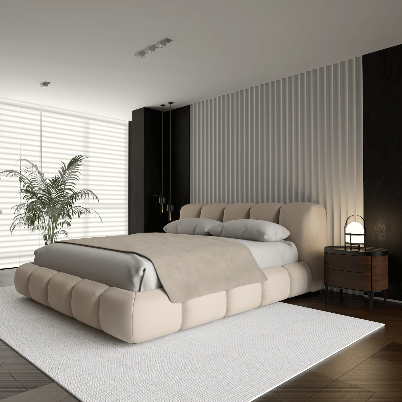 Fluffy Upholstered Bed Frame in Textured Bouclé