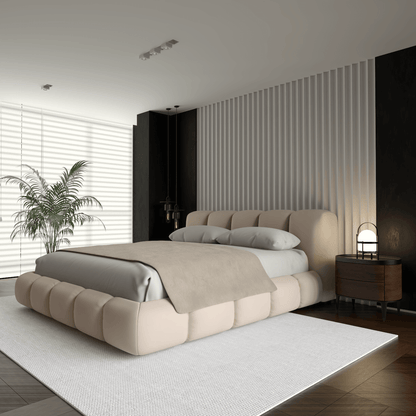 Fluffy Upholstered Bed Frame in Textured Bouclé